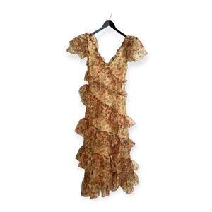 Selkie The Elfin Mushroom Print Ruffle Chiffon Tiered Short Sleeve Maxi Dress